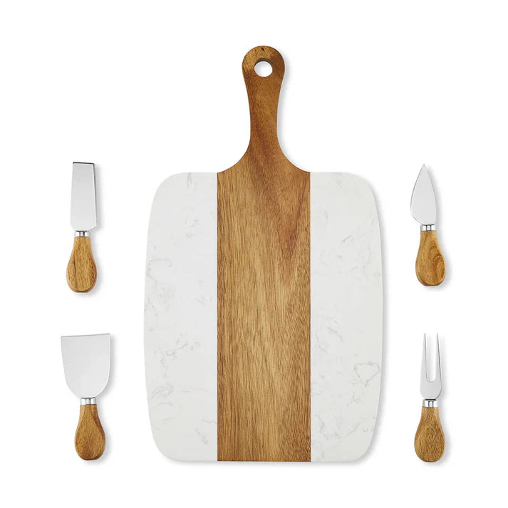 Marble and Acacia Charcuterie Board with 4 Utensils - Personalized